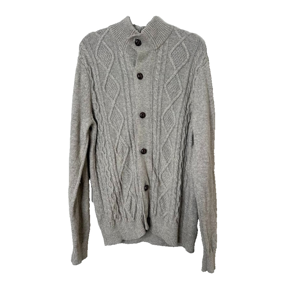 Banana Republic Sweater Men L Grey Cable Shawl Fisherman Cardigan Preppy Grandpa